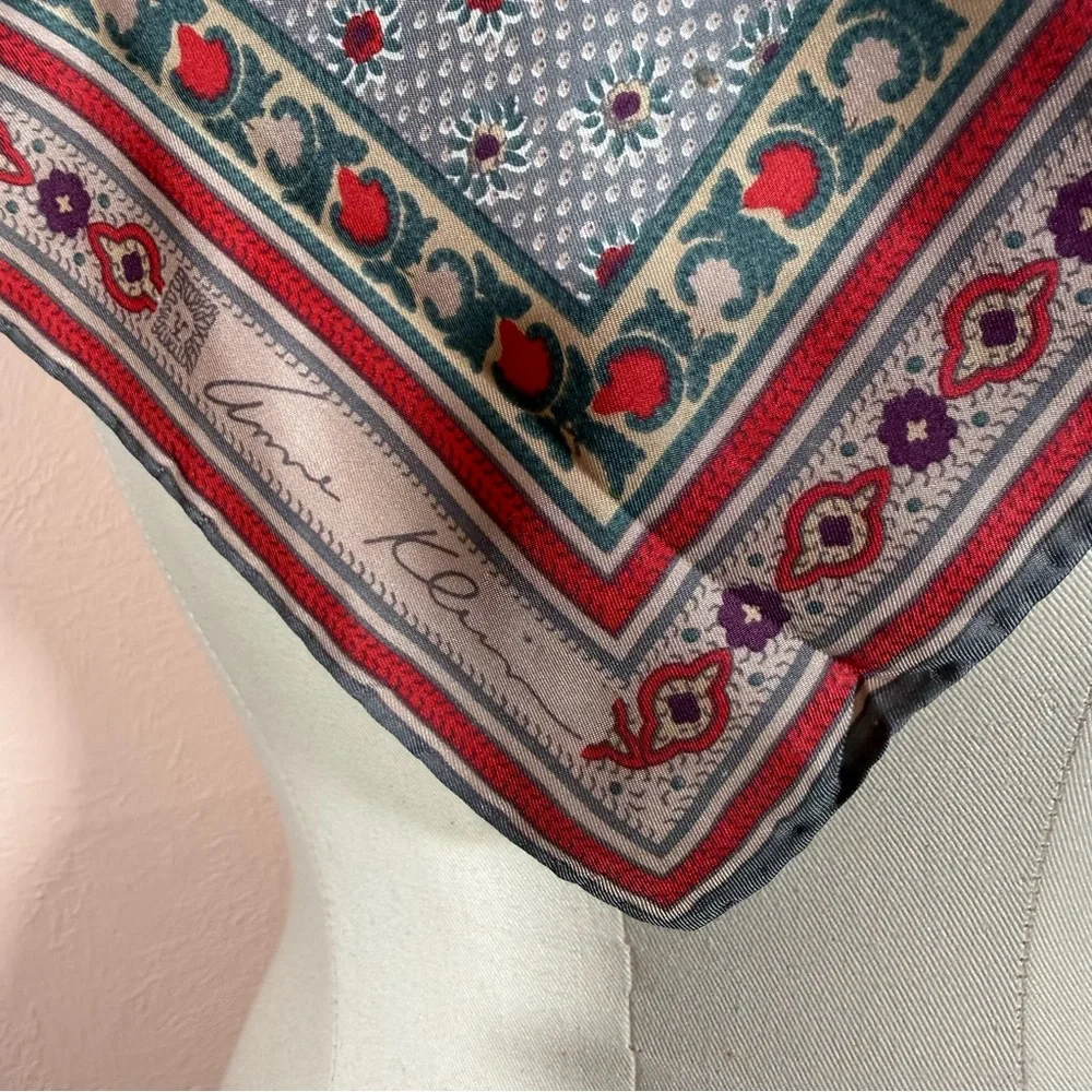 Anne Klein Vintage southwestern floral Grey teal Burgandy Red silk Scarf